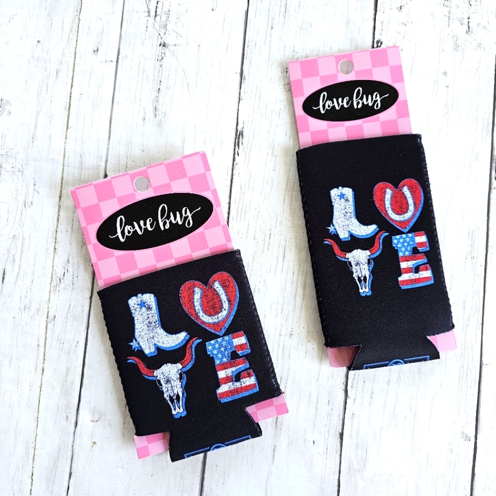 Love Bug Western Love Koozie's Set of 2 Cowgirl Boots Horseshoe Steer USA